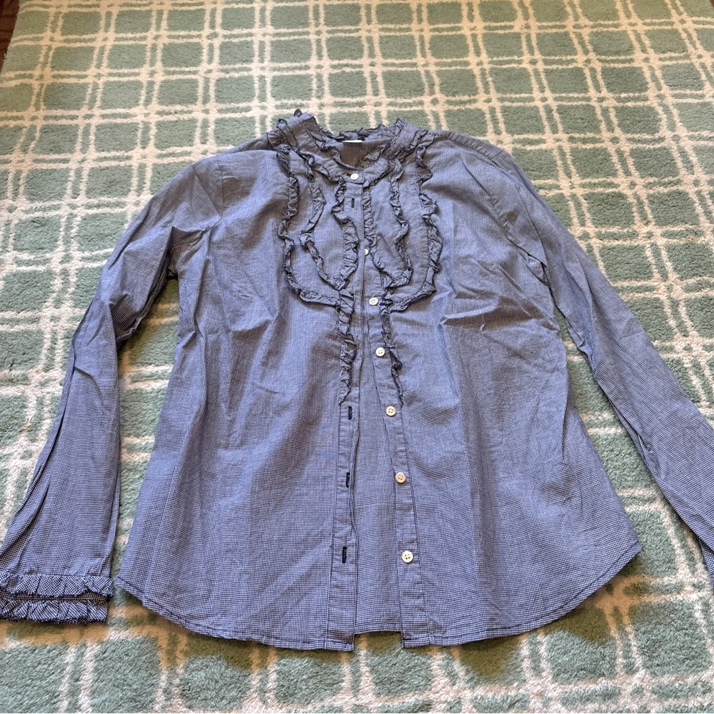 GUC J Crew ruffle neck and cuff gingham top. Size M